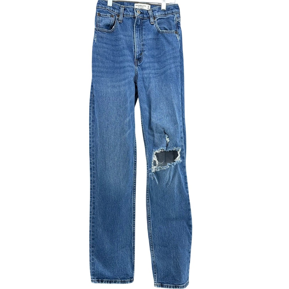 Abercrombie 90s Straight Ultra High Rise Ripped Jeans Womens 2R 24x30 Y2K Blue
